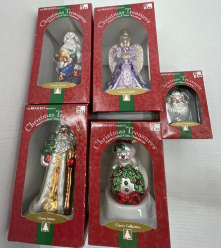 5 Christmas Treasures Ornaments Glass By Brass Key, Santa, Angel, Snowman - Picture 1 of 7