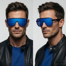 Men Sporty Blue Mirrored Lens Sunglasses Sleek Black Frame Outdoor Activities