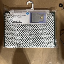 2 Pack 17" x 24" Chenille Bathroom Bath Rug Set Green White Non-Skid Backing