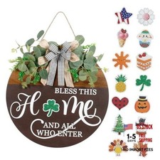 Interchangeable Seasonal Welcome Sign for Front Door, Rustic Round Wood Wreath