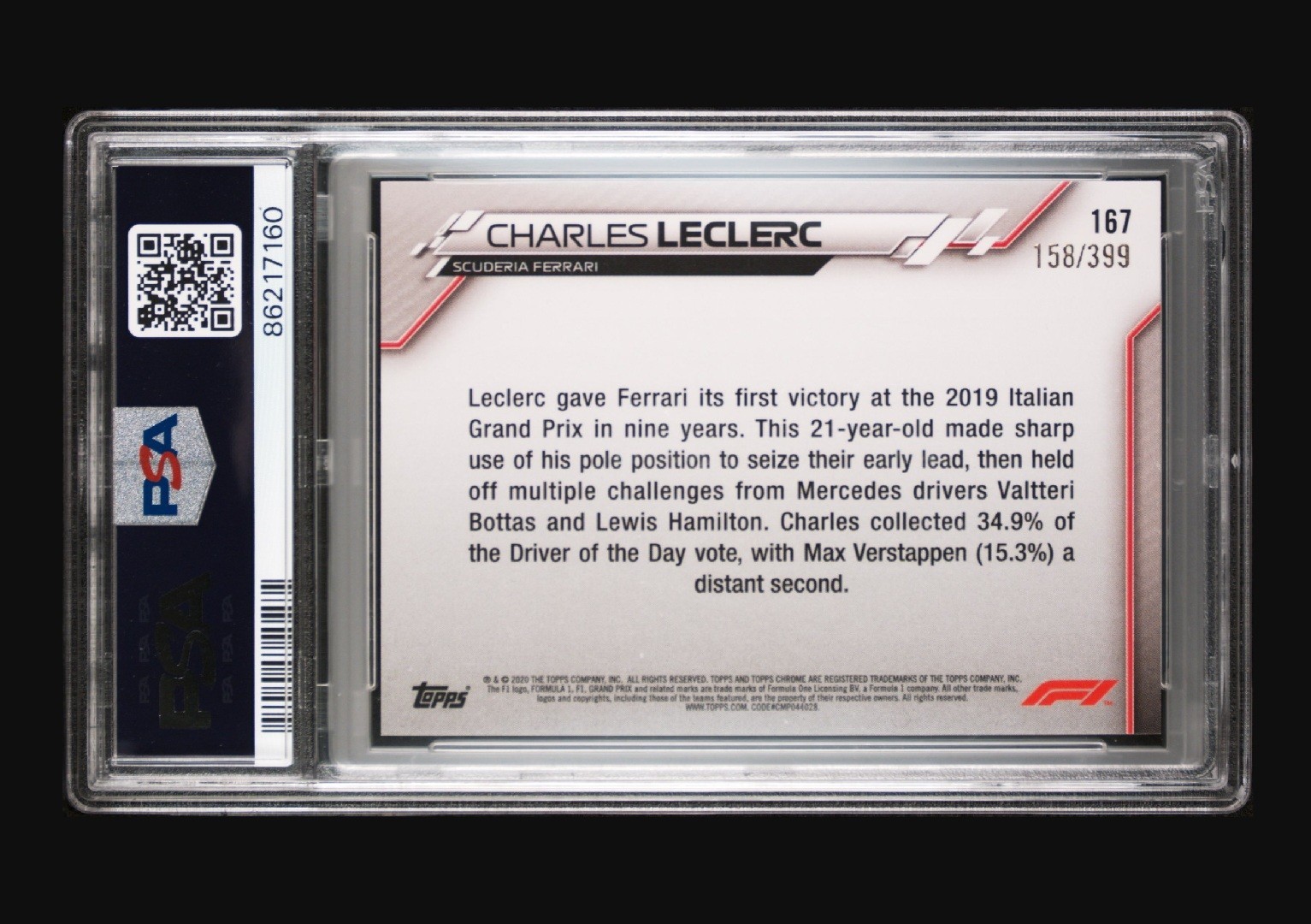 2020 TOPPS CHROME FORMULA 1 #167 CHARLES LECLERC PURPLE REFRACTOR PSA 8 view 2