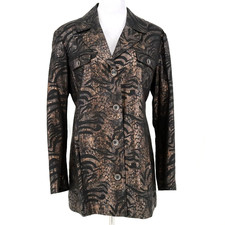 Chicos Jacket 2 Womens Large 12 Black Copper Linen Animal Print Lined Long