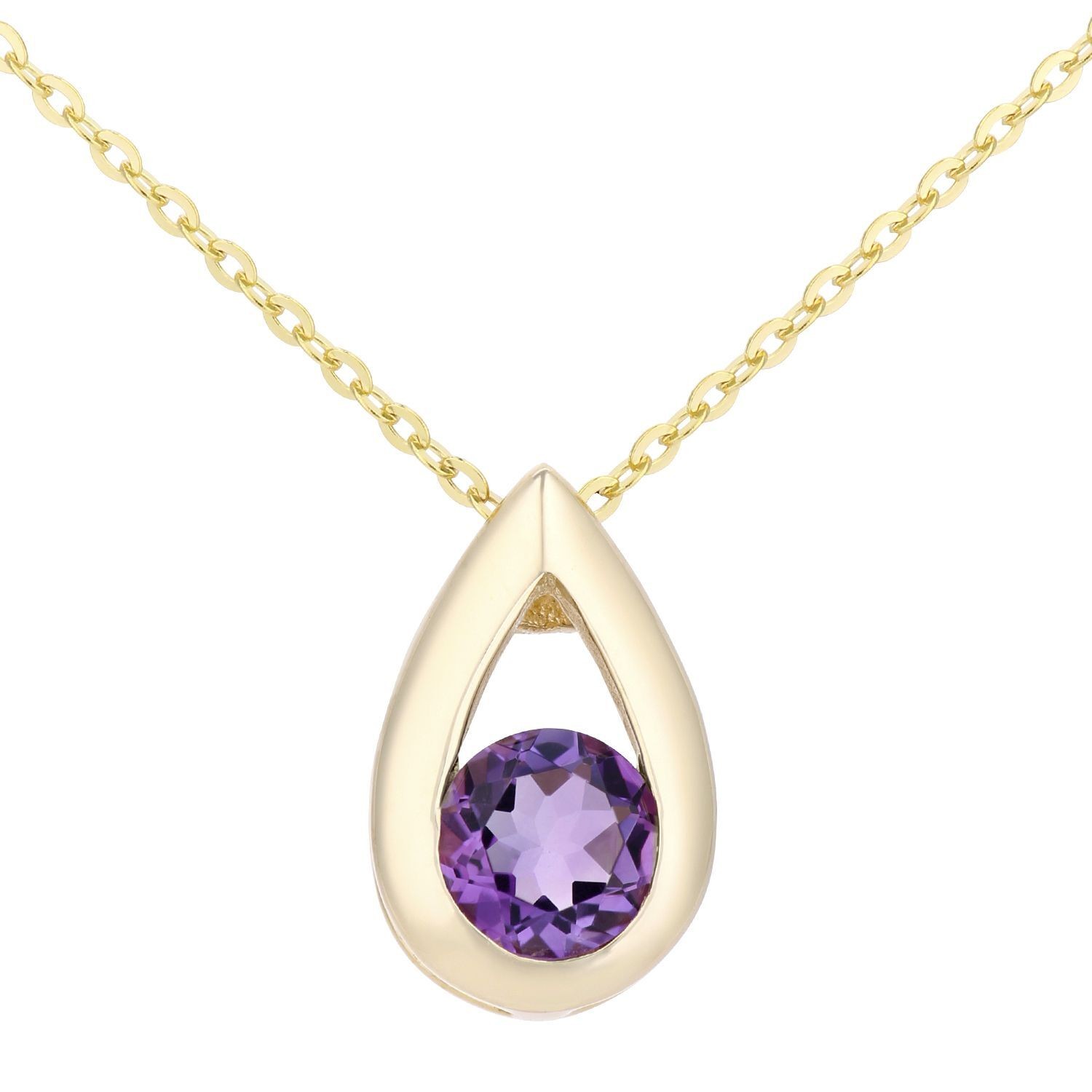 9ct Gold Jewelco London Round 22pts Amethyst Teardrop Pendant Necklace 18 inch