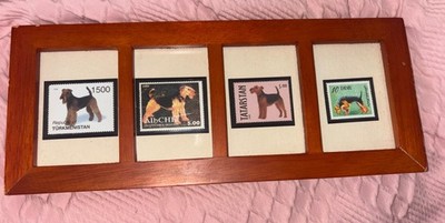 Hanging Wood Framed Vintage Airedale Terrier Postage Stamps 11 x 4.5 