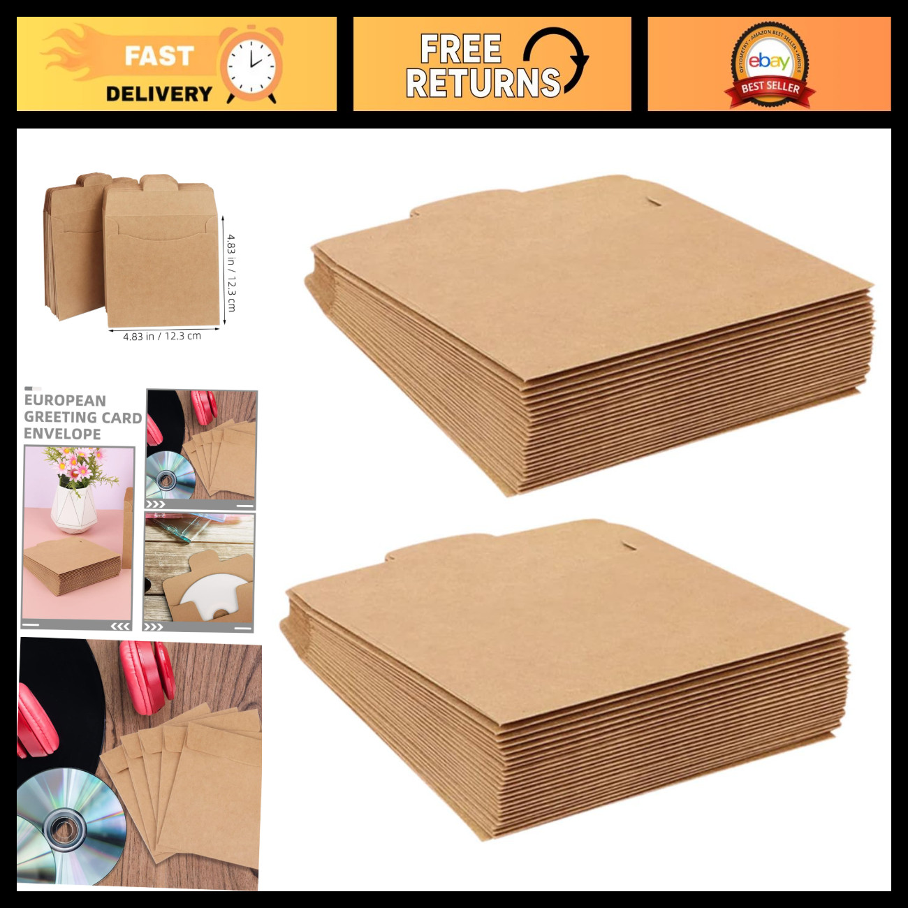 100pcs Kraft Paper CD Sleeves - Brown Envelopes for Disc Storage, DVD & Document