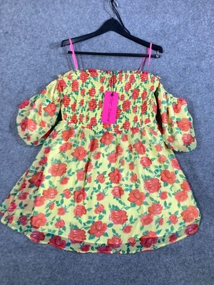 Betsey Johnson Baby Doll Dress Womens XL Yellow Floral Smocked Puff Sleeve NWT