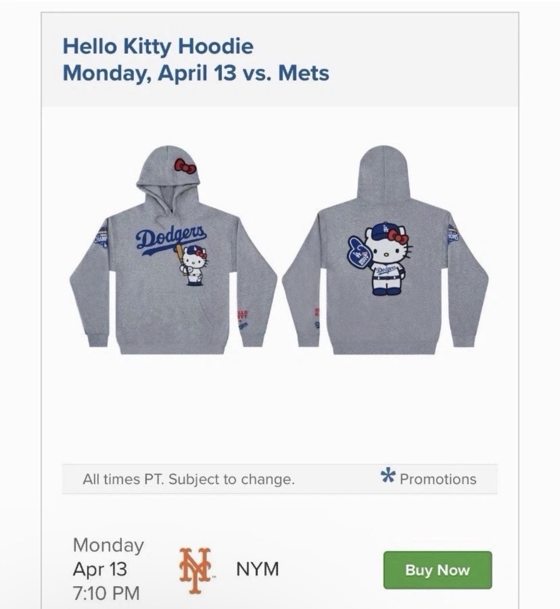 🔵Dodgers Hello Kitty Hoodie 4/13/2026 Giveaway PRESALE🔵🐱 Size