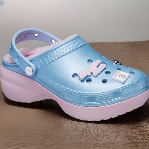 Zapatos zuecos de plataforma clásicos Crocs Mean Girls para mujer - azules y rosas - talla 8