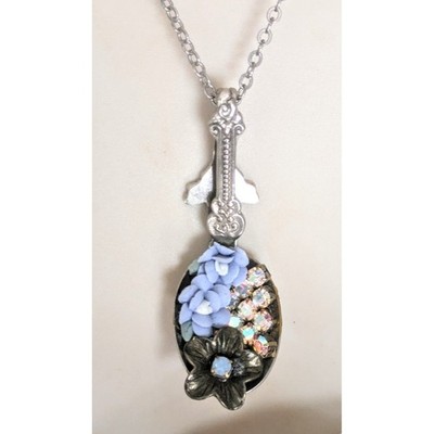 Spoon Silverware Floral Art AB Crystal Pendant Sterling Silver Chain Necklace 18