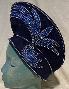 Fabulous Large Jack McConnell Red Feather Navy Hat Embellished W/Rhinestones