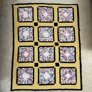 Vtg Hand Stitched Quilt Postage Stamp Small Piece Patchwork Yellow Black Scrappy