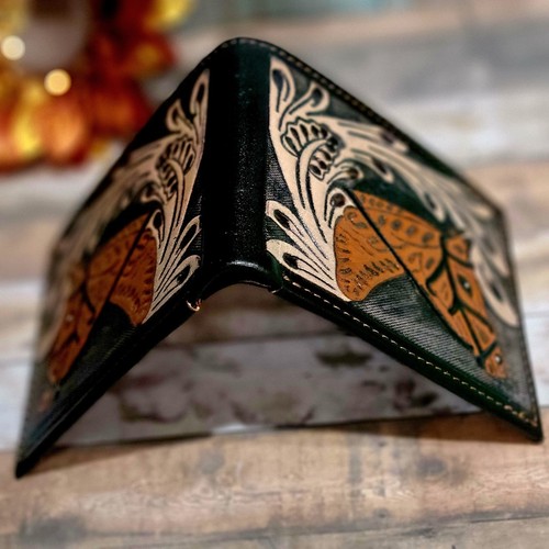 Horse Western Wallet Genuine Leather 2 Sided Bifold Wallet Handcrafted Painted - Picture 3 of 6