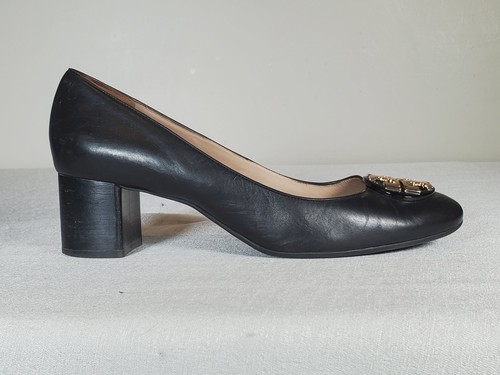 Tory Burch Black Leather Janey Block Heel Pumps 2" 50MM Gold Logo Women's US 11 - Picture 2 of 14