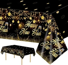 3 Pack New Years Tablecloths - Happy Year 108 x 54 inches, Black Gold 