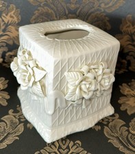Vintage Bisque Porcelain Abundant Roses Tissue Box Cover Ivory