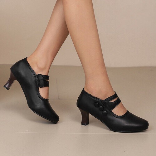 34-48 Spring Fall Womens Mid Block Heel Ladies Retro Carved Pump Shoes Plus Size - Picture 18 of 25