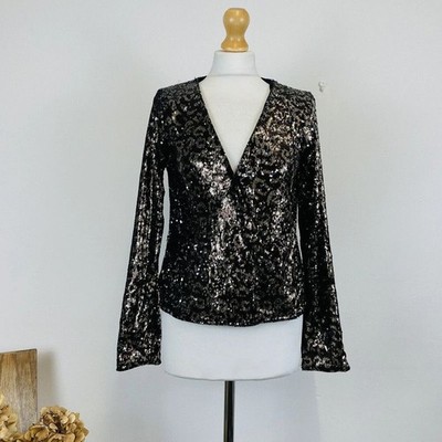 Zara Glitzer Gold Bronze Schwarz Leopard Pailletten Disco Party Top S