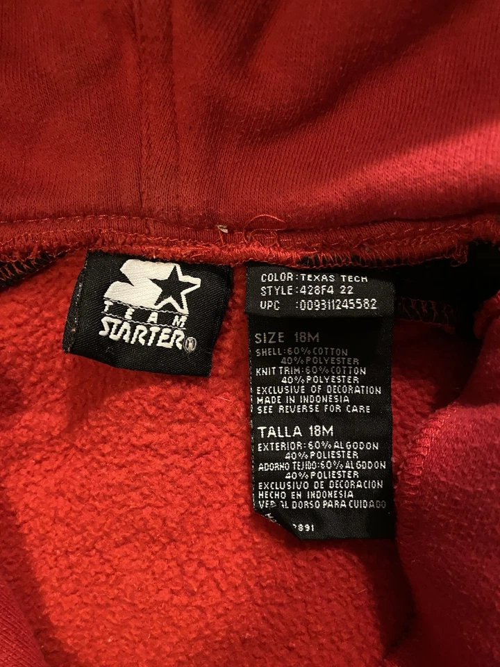 Moletom com capuz vintage Texas Tech Red Raiders Starter zíper completo BABY tamanho 18 meses - Imagem 3 de 4