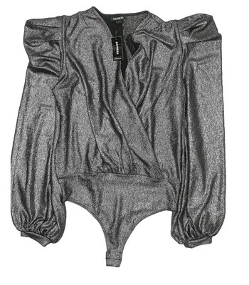 NWT EXPRESS Faux Wrap Metallic Silver Long Sleeve Thong Bodysuit size M