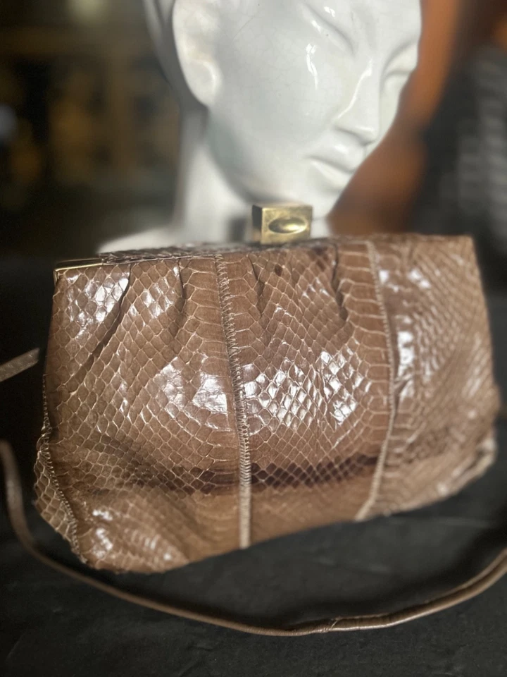 Змеиная кожа сумочка Дамская сумка застежки серо-коричневый кожаный ремень винтажный 60-х гламур - Изображение 3 из 4