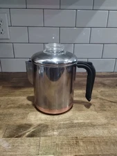 Vintage Revere Ware Percolator 1801 4 Cup Coffee Pot Copper Bottom Stainless EUC