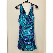 Express Design Studio Teal Purple Abstract Ruched Tiered Cowl Neck Mini Dress 4