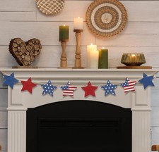4th of July Patriotic Garland Decorations Rustic Wooden Star Red White