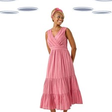 Ex Roman Women's Plus Size Midi Dress Pink Embroidered V-Neck Sleeveless Cotton