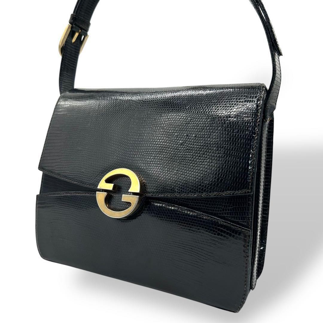 Gucci Navy Lizard Embossed Leather Shoulder Bag with Gold Hardware Pre-Owned