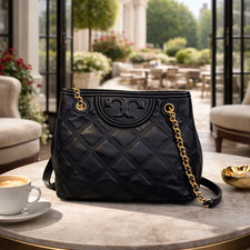 NEW Tory Burch Soft Fleming Black Quilted Leather Small Chain Strap Tote Bag