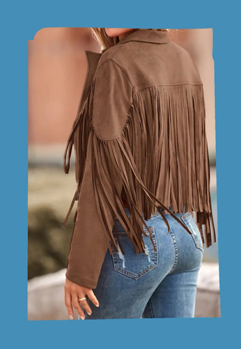 Womens Solid Fringe Faux Suede Leather Jacket Fringe Motorcycle Cropped Jacket