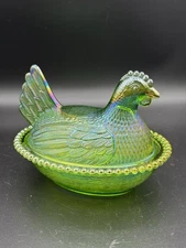Vtg Indiana Carnival Glass Hen On Nest Lime Green Iridescent NICE! Color #7643