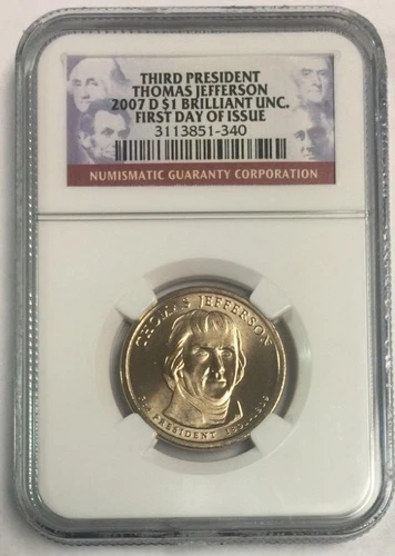 2007 D $1 Thomas Jefferson Presidential Dollar First Day Issue BU NGC SKU#6152