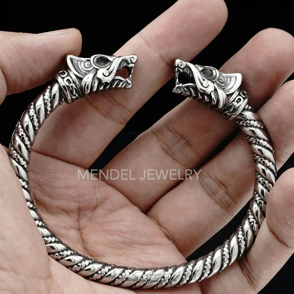 MENDEL мужской норвежский викинг руки кольцо фенрир волк голова манжеты браслет для мужчин - Изображение 3 из 4