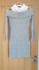 QUIZ Grey Off Shoulder Long Sleeves Thigh Length Knit Dress Made in Italy