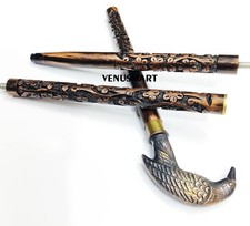 Fancy Hand Carved Walking Stick Wooden Cane Raven Brass Handle Men Women Gift