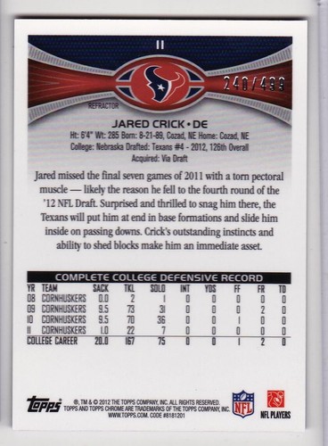 2012 Jared Crick Topps Chrome Purple Refractor Rookie Card Houston Texans /499 - 第 4/4 張圖片