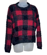 Fuzzy Eyelash Sweater Black Red Buffalo Print Long Sleeve Large Cozy Soft Y2K