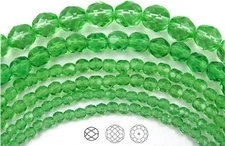Czech Fire Polished Round Faceted Glass Beads in Peridot color, 16" strand green