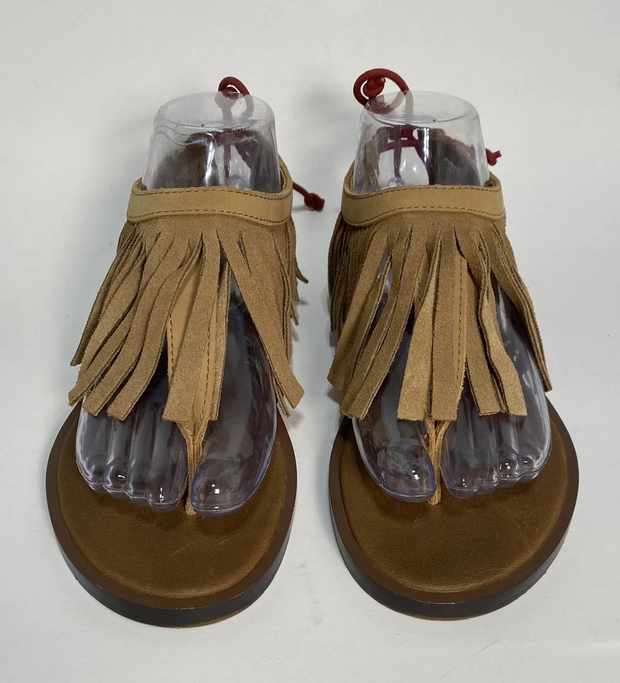 Sandalias Sanuk Yoga Mat Flecos Talla 8 Boho Tabaco Cuero Tostado Zapatos Atado Trasero Foto 4 de 4