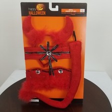 Devil Dress Up Set 5 Piece Red Horn Headband Cuffs Choker Tail Halloween