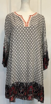 UMGEE Womens Dress Small VNeck 3/4 Sleeve Bohemian Whimsical Peasant Folk Tribal