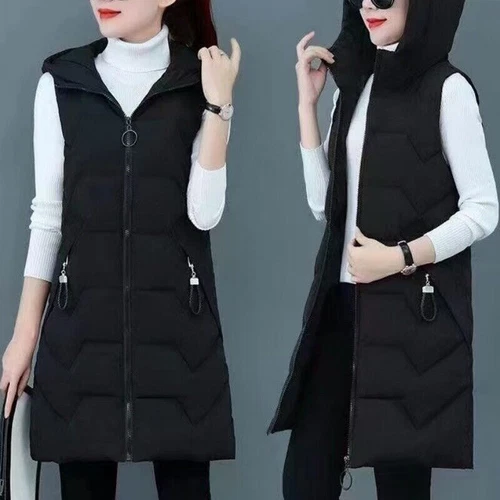 Womens Vest Hooded Down Cotton Warm Waistcoat Long Jacket Sleeveless Coat - Foto 6 di 19