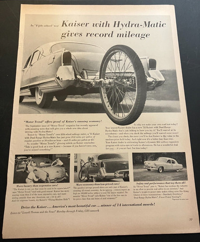 1953 Kaiser Record Fuel Mileage - Vintage Automotive Print Ad / Garage Wall Art