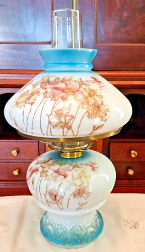 Antique Banquet Lamp Painted Milk Glass Late Victorian 16" Tall Oil Lamp