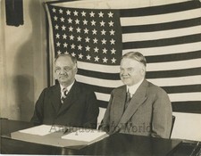President Herbert Hoover w vice president Curtis by US flag antique candid photo