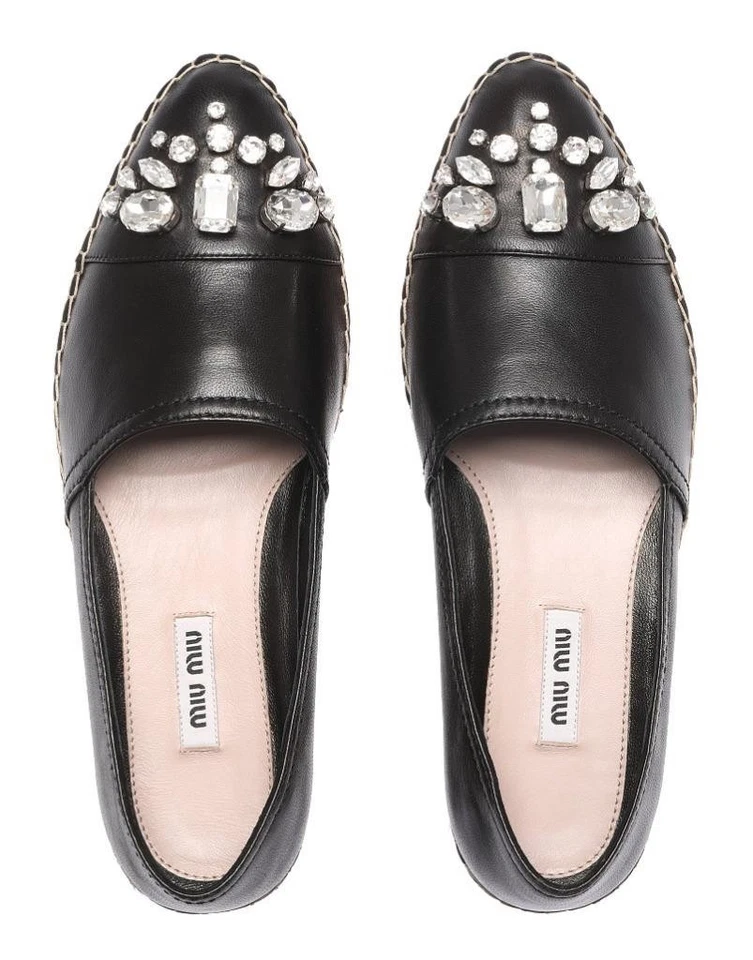 НОВЫЙ MIU MIU НА PRADA ЧЕРНЫЙ КРИСТАЛЛЫ НОСОК ESPADRILLES НА ТАНКЕТКЕ ТУФЛИ 41/США 11 - Изображение 2 из 4
