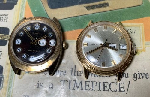 GROUP LOT- TWO Timex Wind Up Day / Date, 1973 & 1975 Complete Watches One Runs