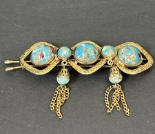 Vintage Art Glass Hair Clip Barrette Blue Dangle Tassel Confetti Gold Tone 3.5