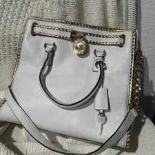 MICHAEL KORS LARGE WHIPPED HAMILTON TOTE WHITE GOLD CONVERTIBLE NORTH SOUTH 